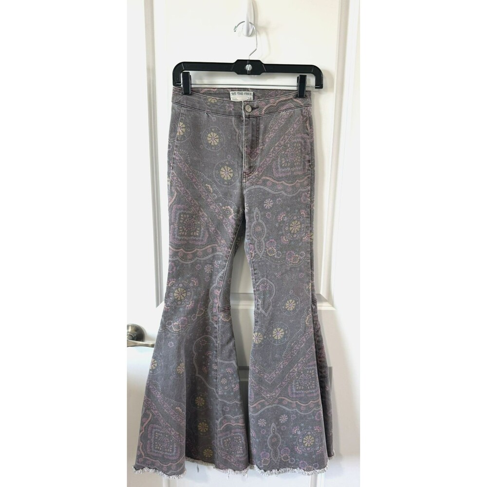 We the Free People Floral Bell Bottom 25 Pink Flare Pants Blue Boho Festival - Picture 1 of 6